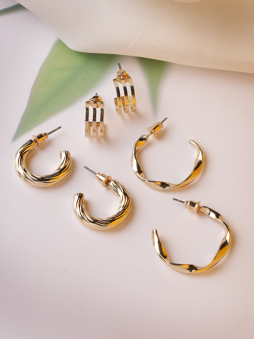 NVR Women Set Of 3 Gold-Plated Circular Half Hoop Earrings