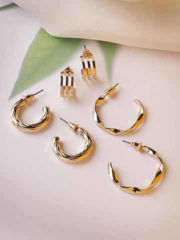 NVR Women Set Of 3 Gold-Plated Circular Half Hoop Earrings