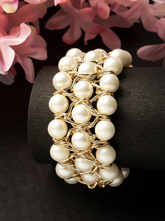 NVR Women White Beaded Elasticated Bracelet