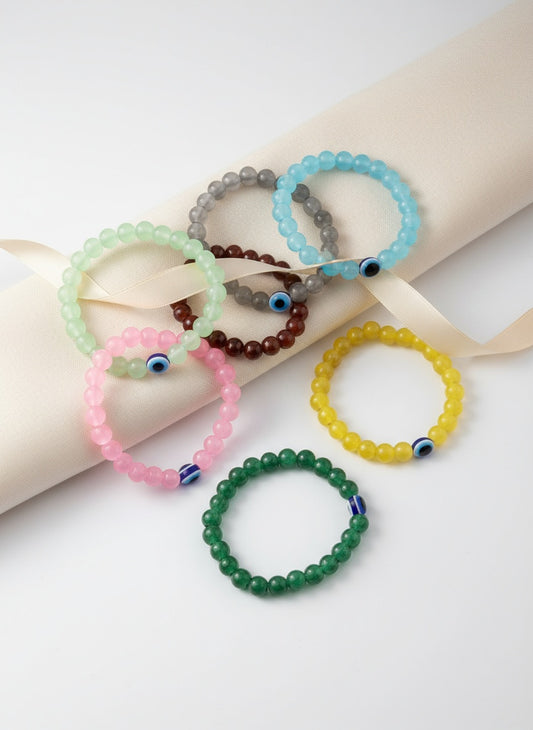 NVR Unisex Set of 7 Crystals Beaded Evil Eye Elasticated Bracelet
