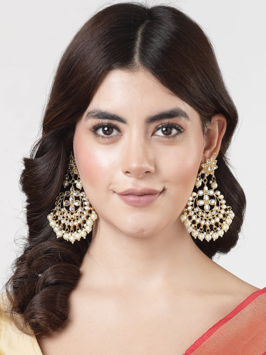 NVR Women Gold-Plated Kundan Studded Chandbali Earrings