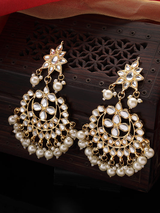 NVR Women Gold-Plated Kundan Studded Chandbali Earrings