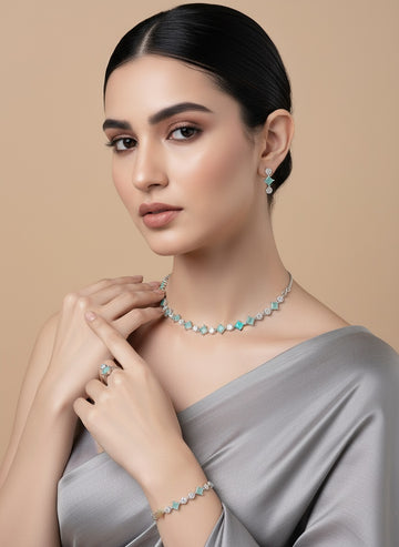 NVR Women Green Cubic Zirconia Stone Studded Handcrafted Jewellery Set
