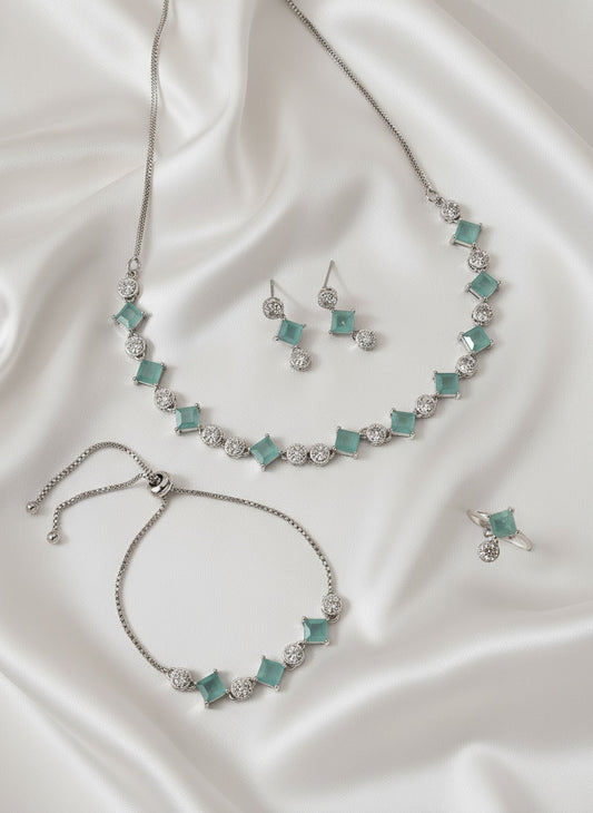NVR Women Green Cubic Zirconia Stone Studded Handcrafted Jewellery Set