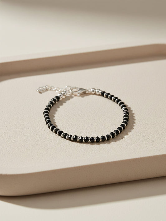 NVR Women Silver Plated Black Beaded Adjustable Bracelet