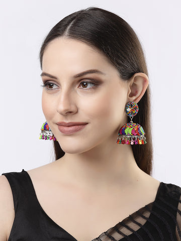 NVR Women Multi Color Artificial Beads Brass-Plated Dome Shaped Jhumka Earrings