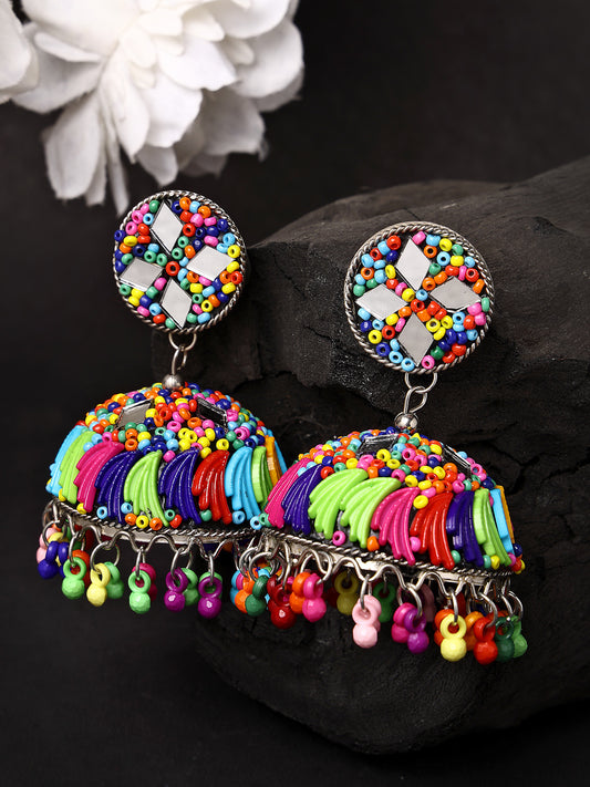 NVR Women Multi Color Artificial Beads Brass-Plated Dome Shaped Jhumka Earrings