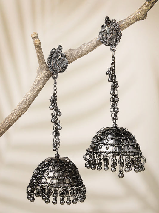 NVR Women Black Oxidised Brass-Plated Dome Shaped Jhumka Earrings