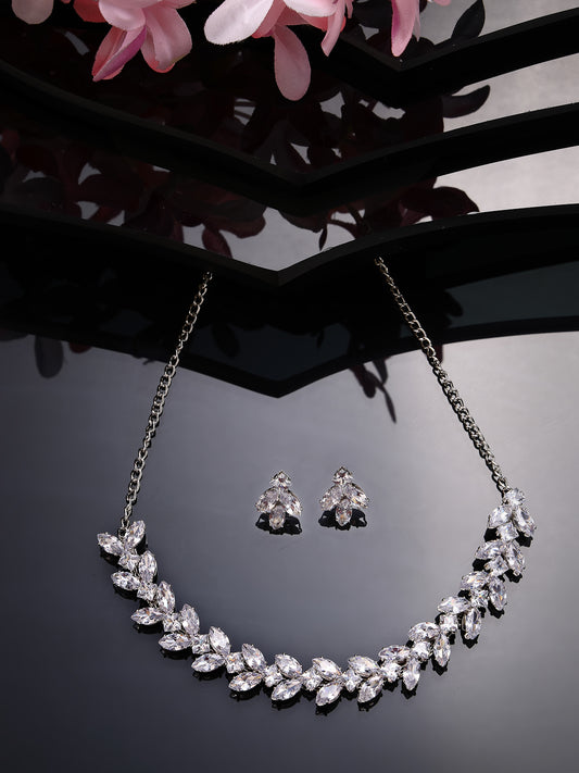 NVR Women Silver-Plated American Diamond Jewellery Set Necklace & Earrings