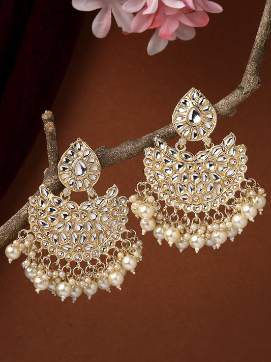 NVR Women Gold-Plated Kundan Chandbalis Earrings