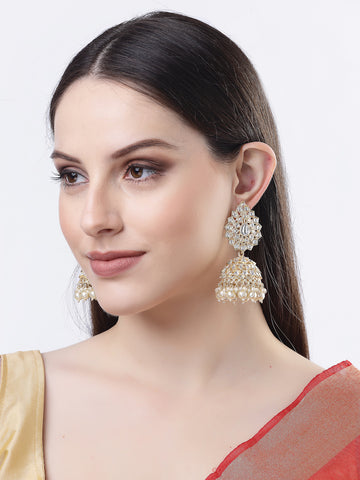 NVR  Women Gold-Plated Handcrafted Kundan Dome Shaped Jhumka Earrings