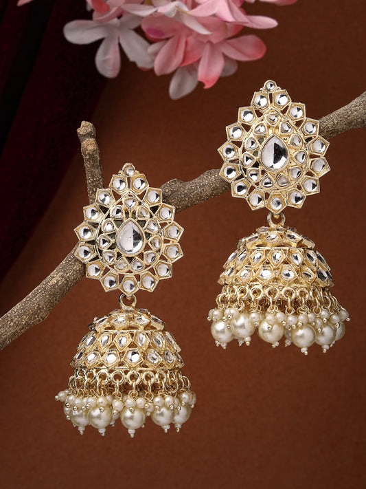 NVR  Women Gold-Plated Handcrafted Kundan Dome Shaped Jhumka Earrings
