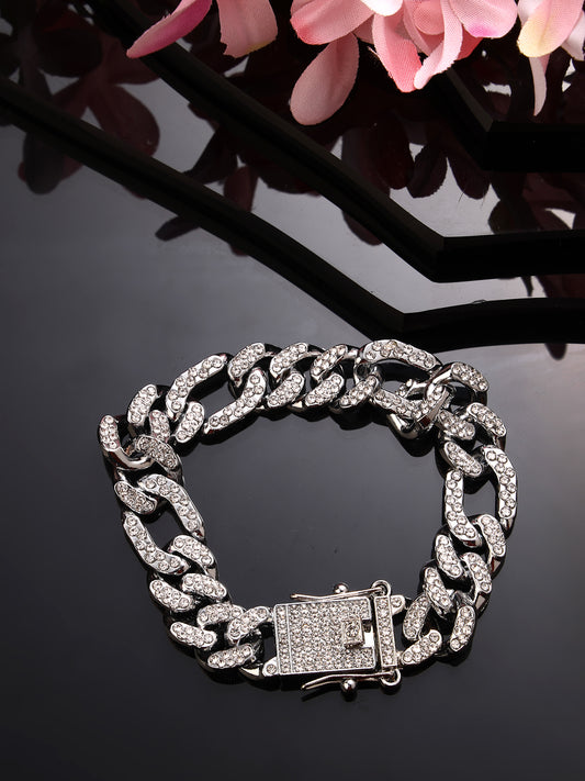 NVR Men Silver-Plated Stainless Steel American Diamond Studded Link Bracelet