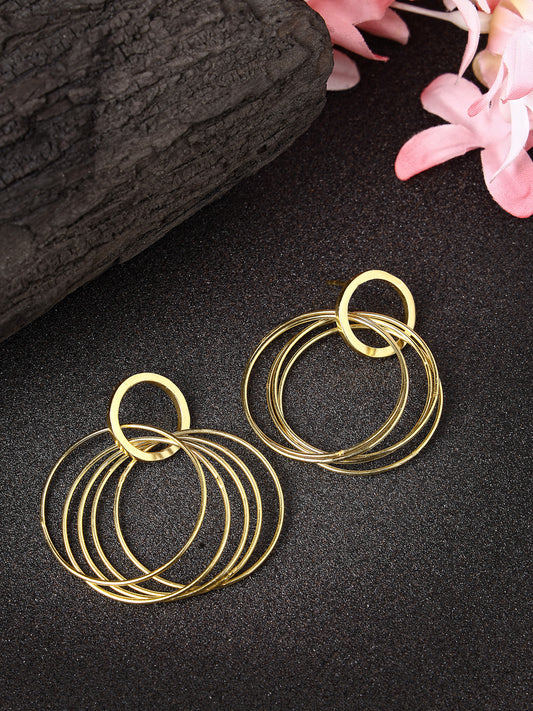 NVR Women Golden Linked Round Circle Attached Drop Earrings