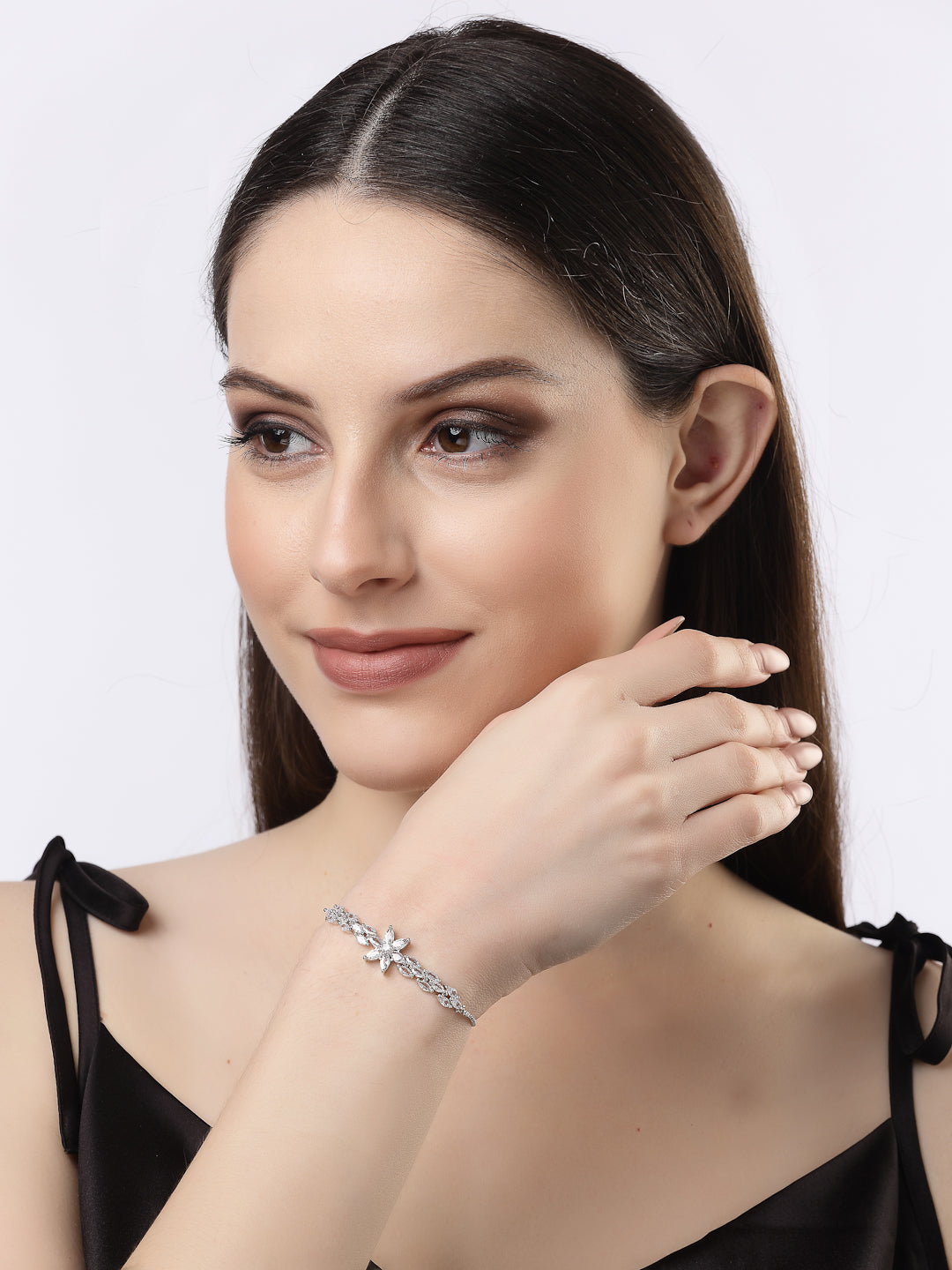 NVR Women Silver-plated Handcrafted American Diamond Link Bracelet