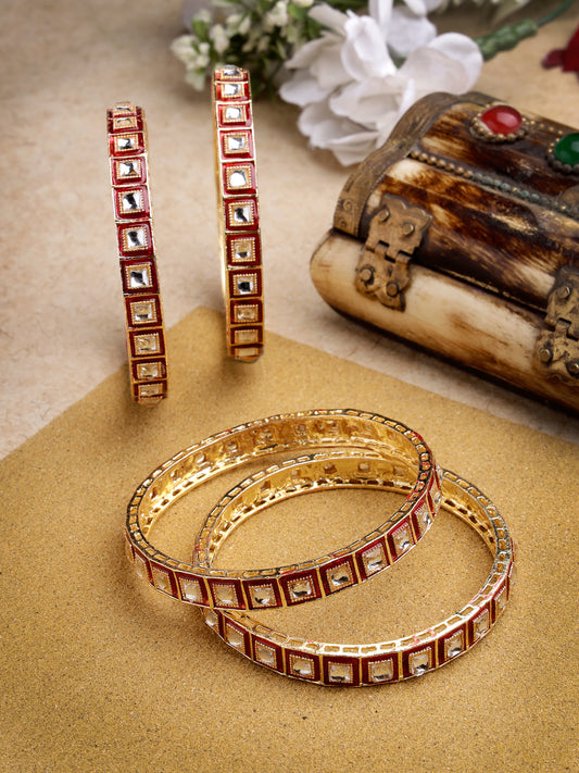 NVR Women Set Of 4 Gold-Plated Red Kundan-Studded Traditional Bangles