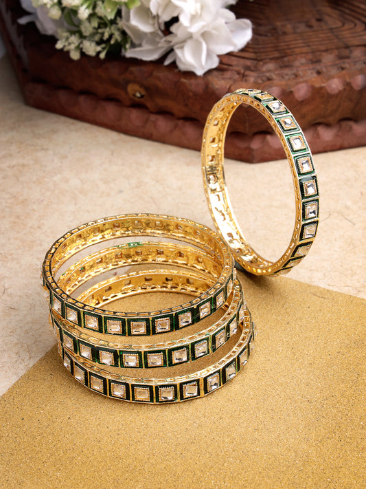 NVR Women Set Of 4 Gold-Plated Green Kundan-Studded Traditional Bangles