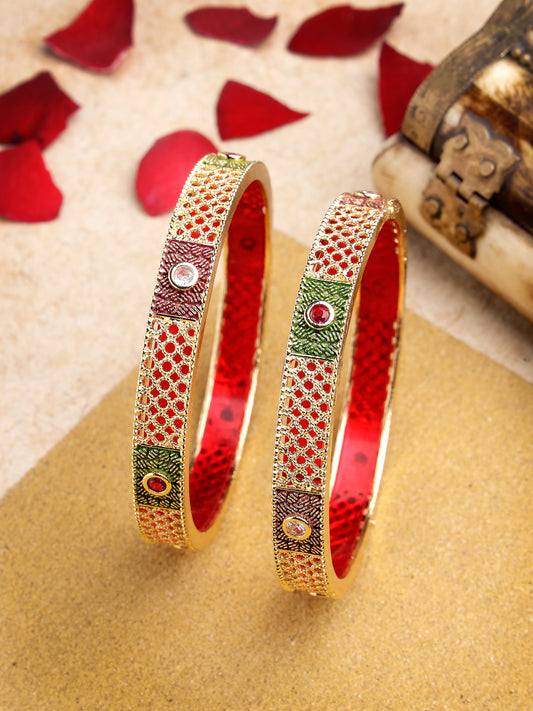 NVR Women Set Of 2 Gold-Plated Red Kundan Traditional Bangles