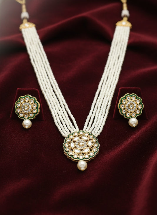 NVR Women White & Gold-Plated Kundan & Pearl Jewellery Set