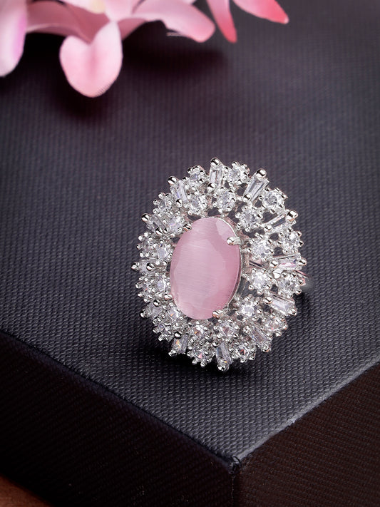 NVR Women Pink & Silver CZ-Studded Handcrafted Adjustable Finger Ring