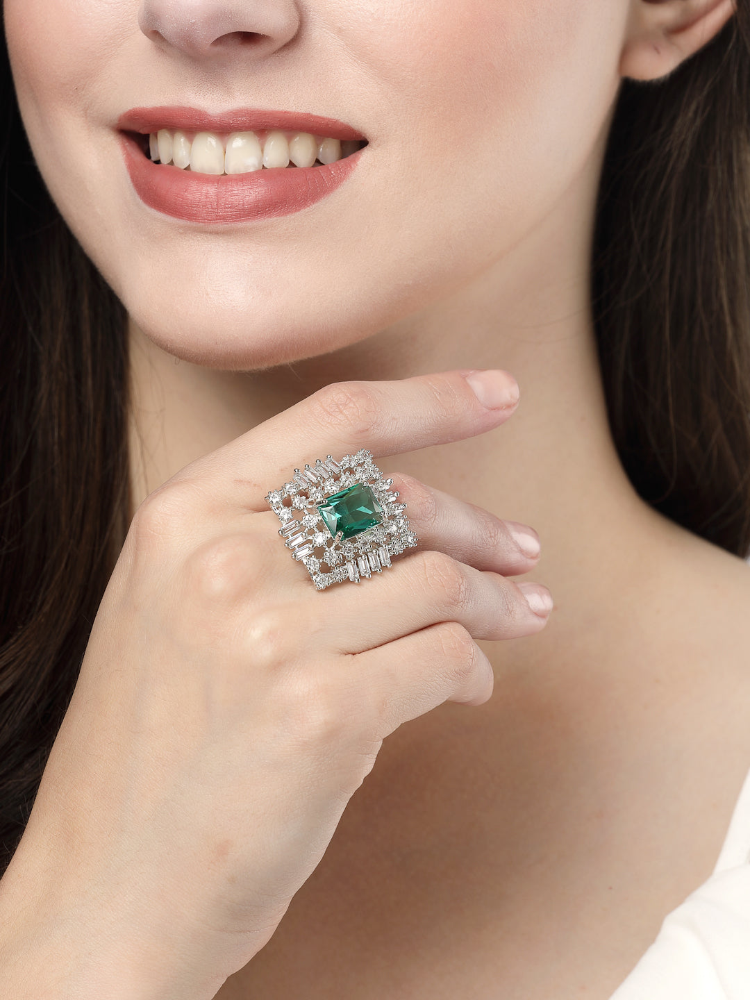 NVR Women Green & Silver CZ-Studded  Square-Shaped Adjustable Finger Ring