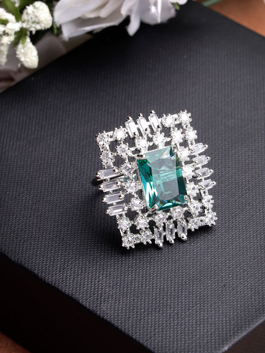 NVR Women Green & Silver CZ-Studded  Square-Shaped Adjustable Finger Ring