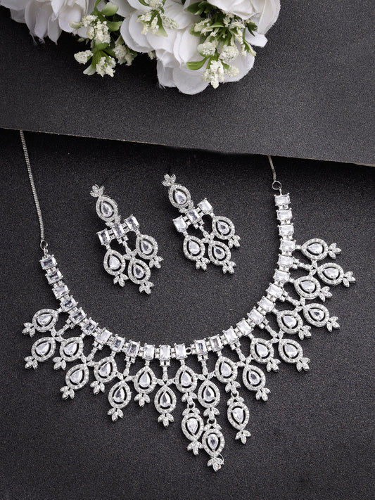 NVR Women Silver-Plated Cubic Zirconia Studded Handcrafted Jewellery Set