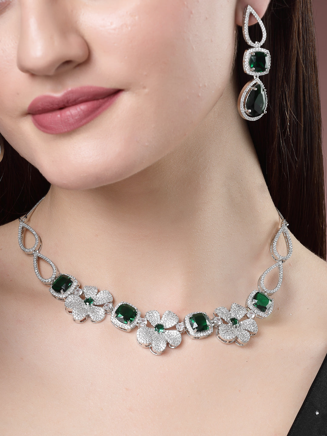 NVR Women Green & Silver-Plated American Diamond Handcrafted Jewellery Set