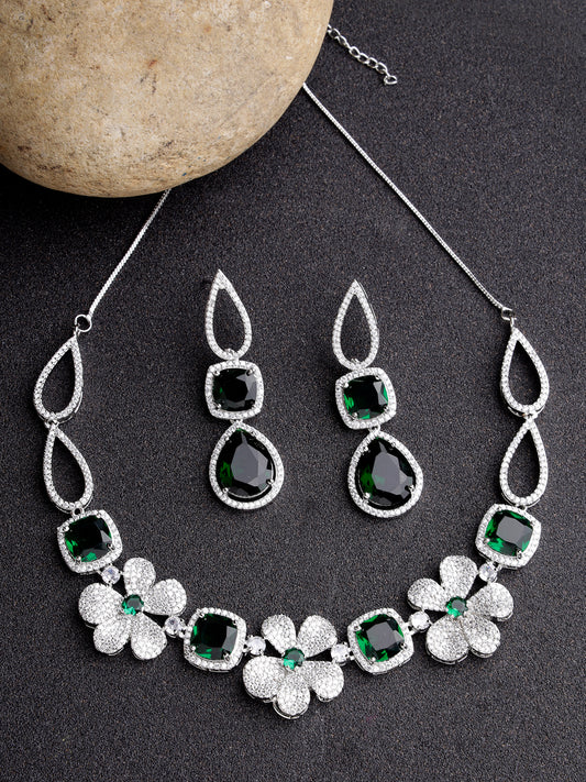 NVR Women Green & Silver-Plated American Diamond Handcrafted Jewellery Set