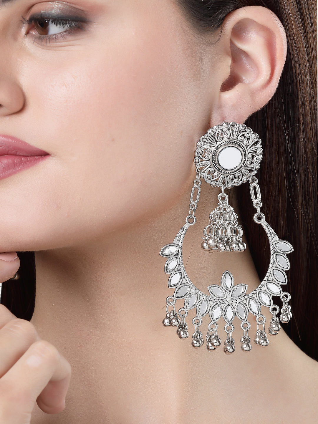 NVR Women Silver-Plated Mirror Work Oxidised Chandbali Earrings