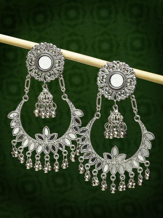 NVR Women Silver-Plated Mirror Work Oxidised Chandbali Earrings