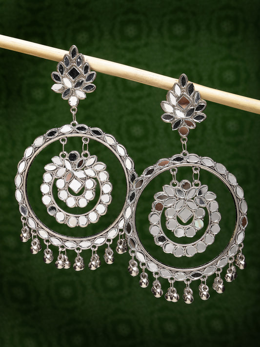 NVR Women Silver-Toned Mirror Work Oxidised Contemporary Drop Earrings