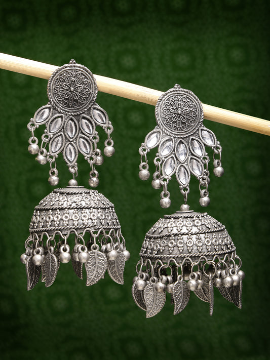 NVR Women Silver-Plated Oxidised Artificial Stones Dome Shaped Jhumka Earrings