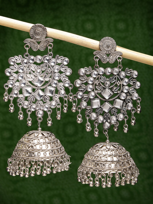 NVR Women Silver-Plated Oxidised Artificial Stones Dome Shaped Jhumka Earrings