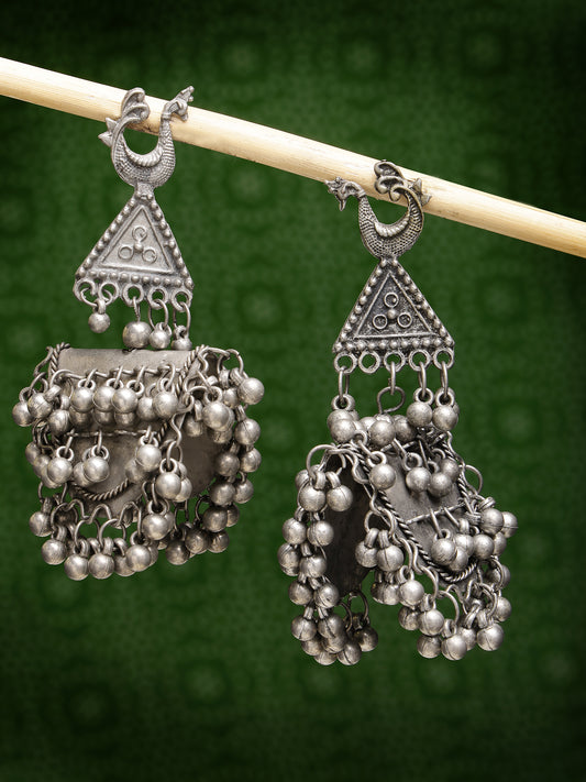 NVR  Women Silver-Plated Oxidised Contemporary Drop Earrings