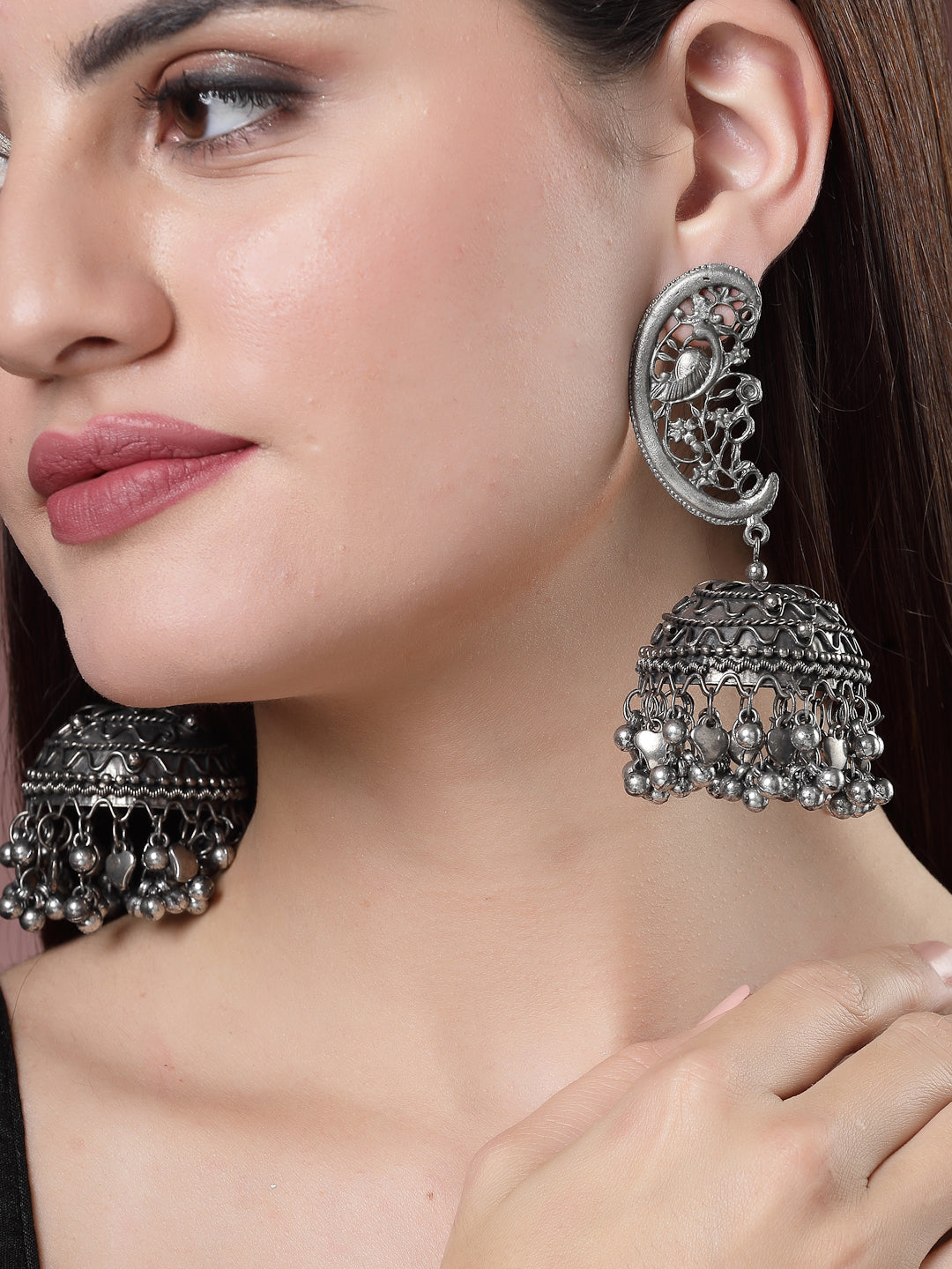 NVR Women Silver-Plated Oxidised Dome Shaped Jhumka Earrings