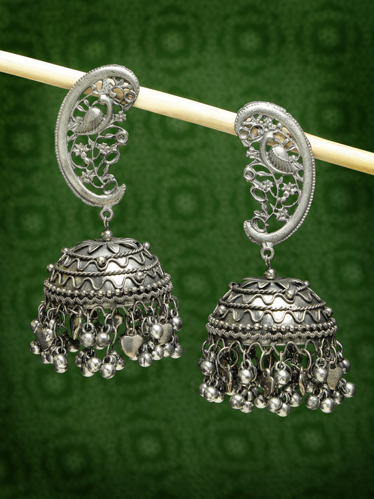 NVR Women Silver-Plated Oxidised Dome Shaped Jhumka Earrings