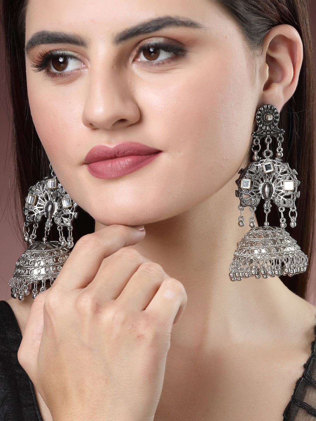 NVR Women Silver Plated Mirror Work Oxidised Contemporary Jhumka Earrings