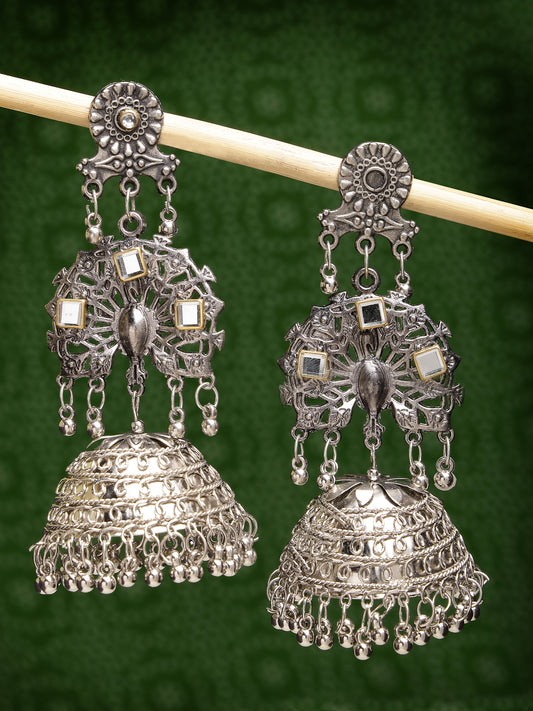 NVR Women Silver Plated Mirror Work Oxidised Contemporary Jhumka Earrings