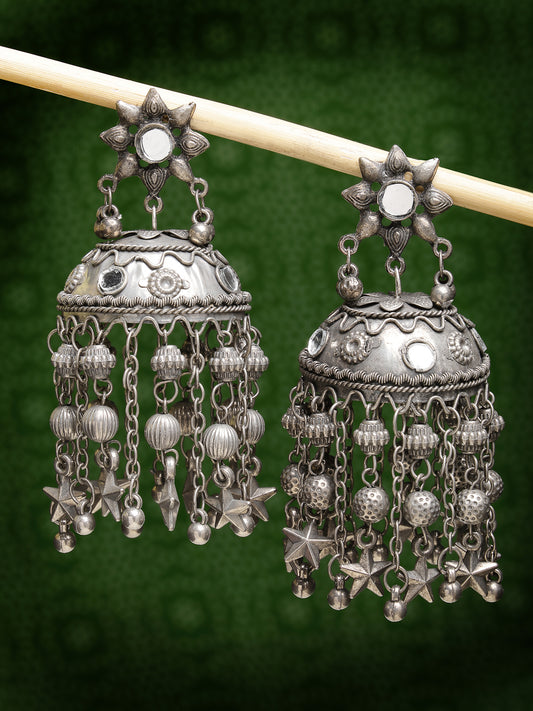 NVR Women Silver Plated Mirror Work Oxidised Contemporary Jhumka Earrings