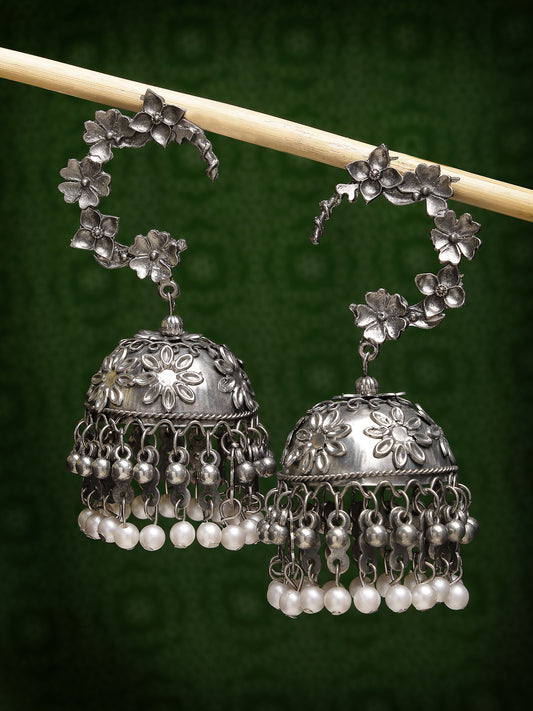 NVR Women Silver Plated Pearl Beaded Oxidised Contemporary Jhumka Earrings