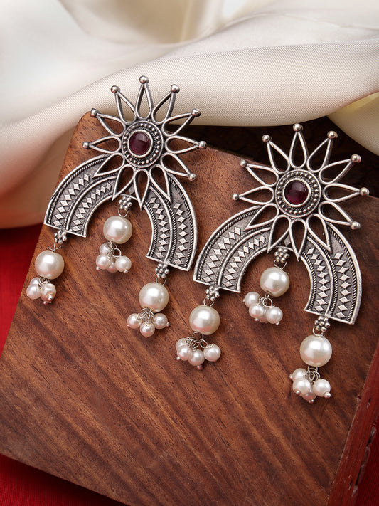 NVR  Women Floral Silver-Plated Oxidised Artificial Stones and Beads Drop Earrings