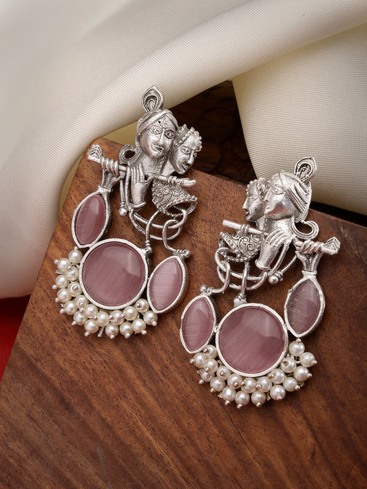 NVR  Women Silver-Plated Oxidised Artificial Stones and Beads Radha Krishna Drop Earrings