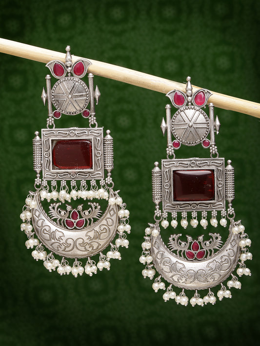 NVR Women Silver-Plated Artificial Stones and Beads Chandbali Earrings