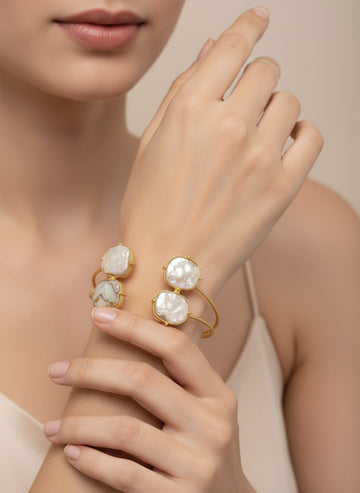 NVR Women Gold Plated Mother of Pearl Handcrafted Cuff Bracelet