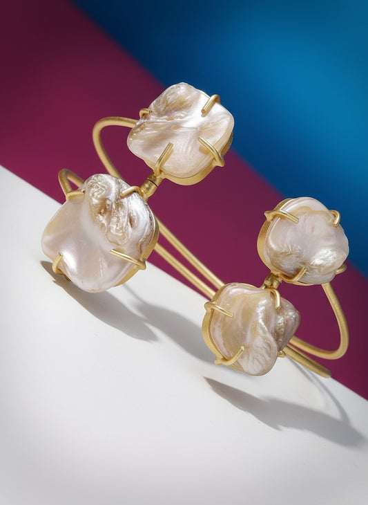 NVR Women Gold Plated Mother of Pearl Handcrafted Cuff Bracelet