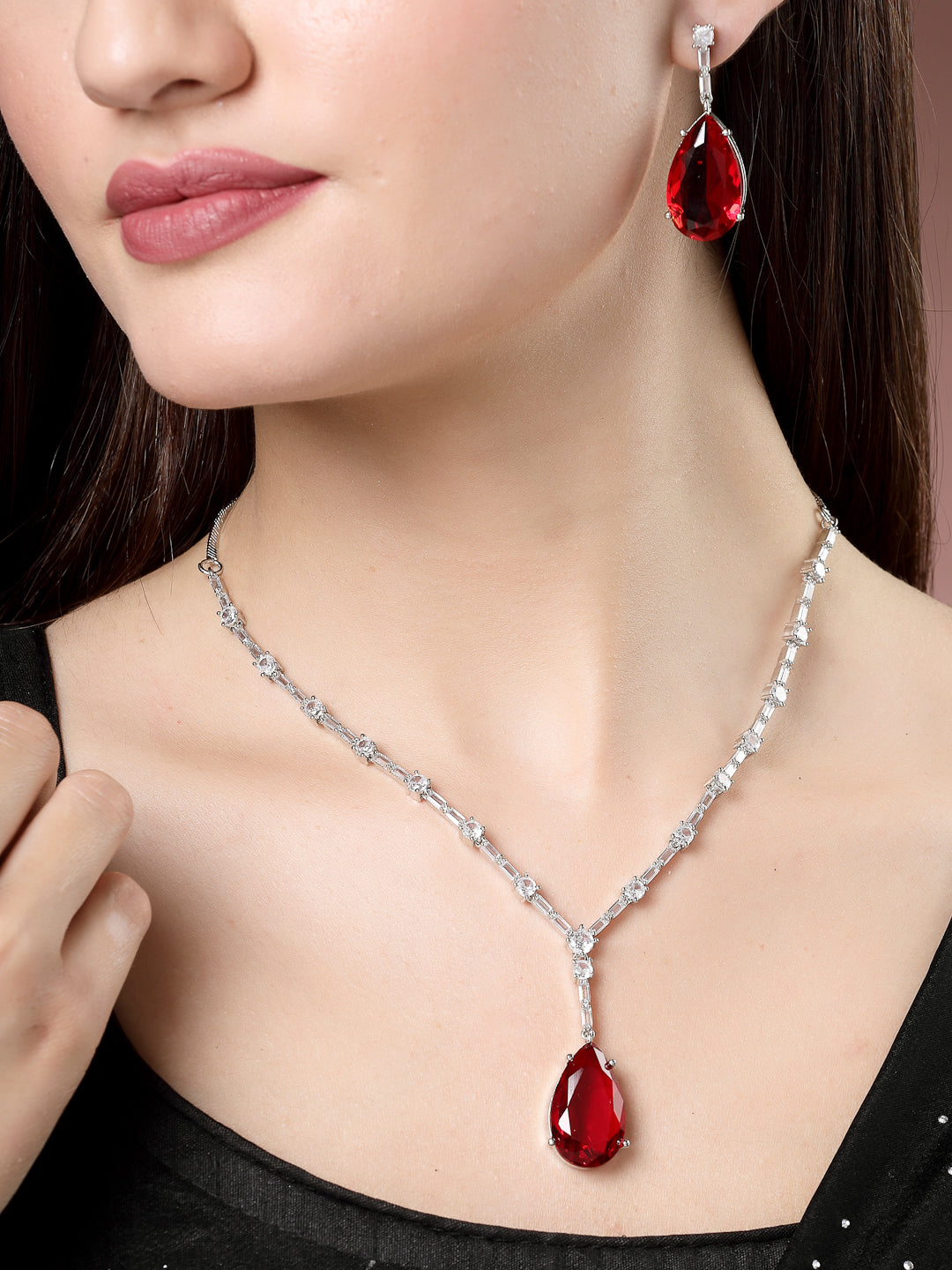 NVR Women Silver-Plated Red Artificial Stones Studded Handcrafted Jewellery Set