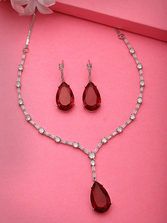 NVR Women Silver-Plated Red Artificial Stones Studded Handcrafted Jewellery Set