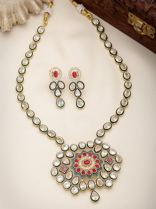 NVR  Women Red & Gold Kundan Studded Handcrafted Jewellery Set