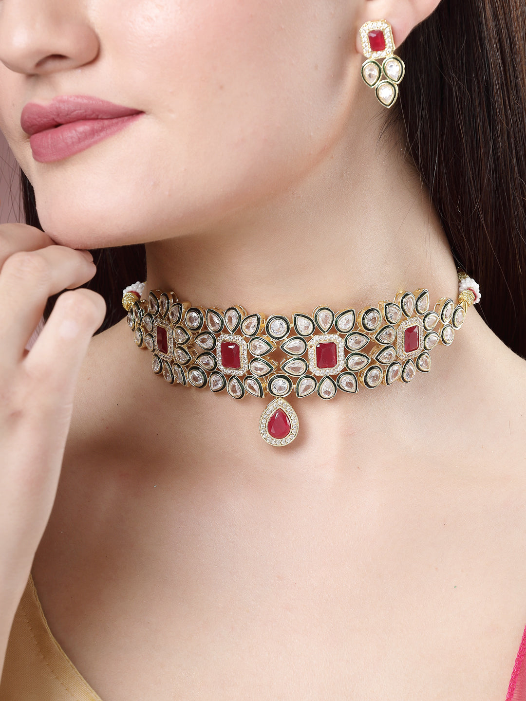 NVR  Women Red & Gold Kundan Studded Handcrafted Choker Jewellery Set